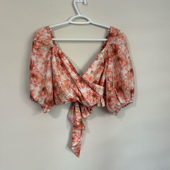 NWT Express Satin Floral Print Faux Wrap Tie Back Cropped Top - Picture 5 of 11